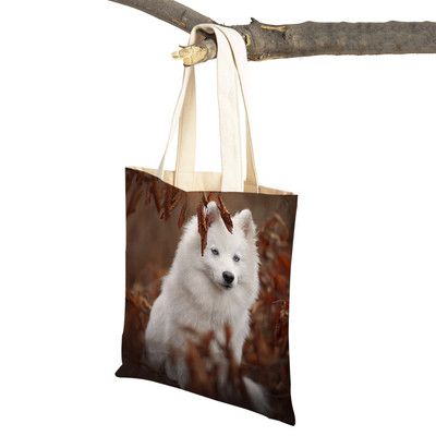 Slatki bijeli pas, samojed, ležerna torba za kupnju, lijepa torbica za višekratnu upotrebu, dvostruka otisnuta životinja, platnena studentska torbica