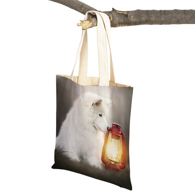Slatki bijeli pas, samojed, ležerna torba za kupnju, lijepa torbica za višekratnu upotrebu, dvostruka otisnuta životinja, platnena studentska torbica