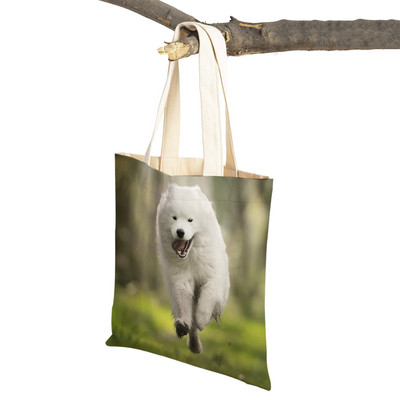 Slatki bijeli pas, samojed, ležerna torba za kupnju, lijepa torbica za višekratnu upotrebu, dvostruka otisnuta životinja, platnena studentska torbica
