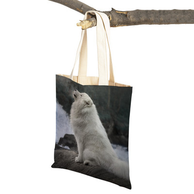 Slatki bijeli pas, samojed, ležerna torba za kupnju, lijepa torbica za višekratnu upotrebu, dvostruka otisnuta životinja, platnena studentska torbica