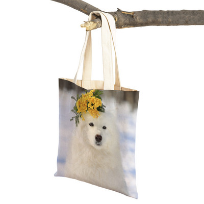 Slatki bijeli pas, samojed, ležerna torba za kupnju, lijepa torbica za višekratnu upotrebu, dvostruka otisnuta životinja, platnena studentska torbica