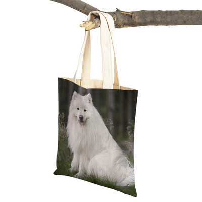 Slatki bijeli pas, samojed, ležerna torba za kupnju, lijepa torbica za višekratnu upotrebu, dvostruka otisnuta životinja, platnena studentska torbica