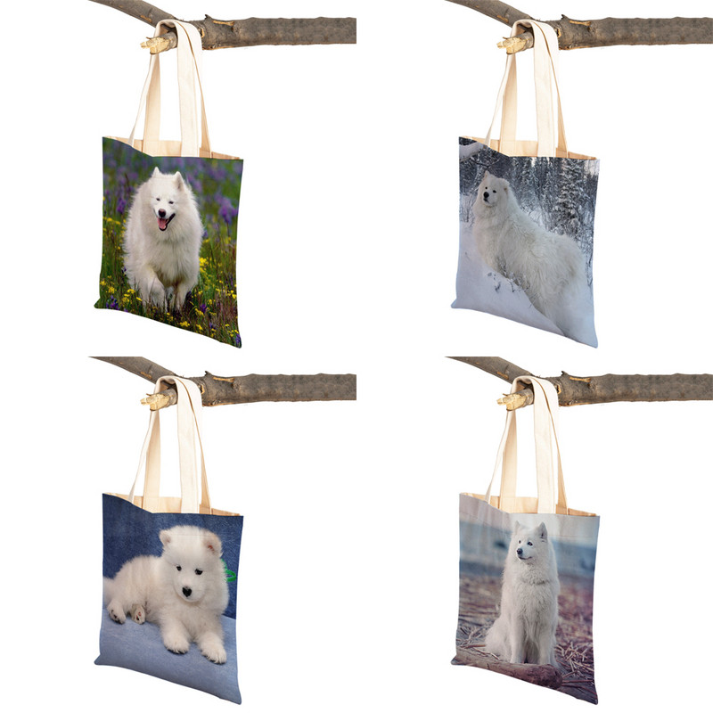 Slatki bijeli pas, samojed, ležerna torba za kupnju, lijepa torbica za višekratnu upotrebu, dvostruka otisnuta životinja, platnena studentska torbica