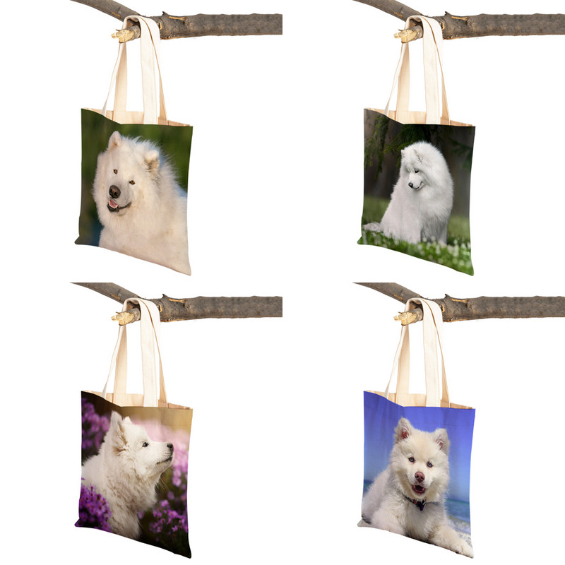Slatki bijeli pas, samojed, ležerna torba za kupnju, lijepa torbica za višekratnu upotrebu, dvostruka otisnuta životinja, platnena studentska torbica