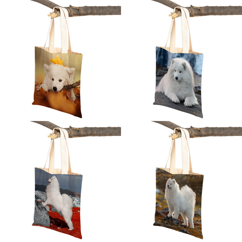 Slatki bijeli pas, samojed, ležerna torba za kupnju, lijepa torbica za višekratnu upotrebu, dvostruka otisnuta životinja, platnena studentska torbica
