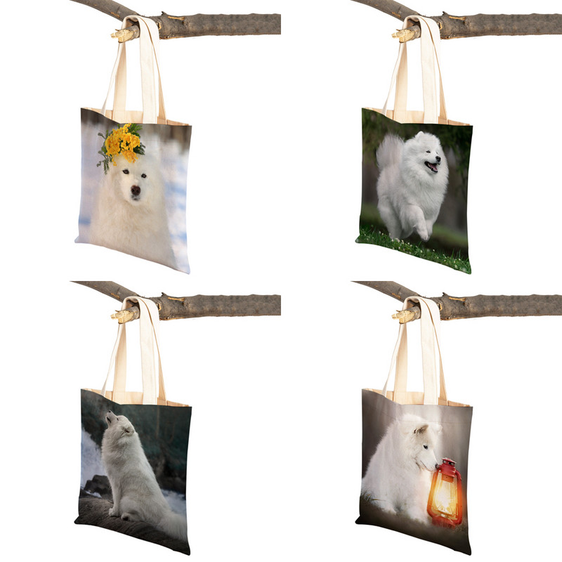 Slatki bijeli pas, samojed, ležerna torba za kupnju, lijepa torbica za višekratnu upotrebu, dvostruka otisnuta životinja, platnena studentska torbica