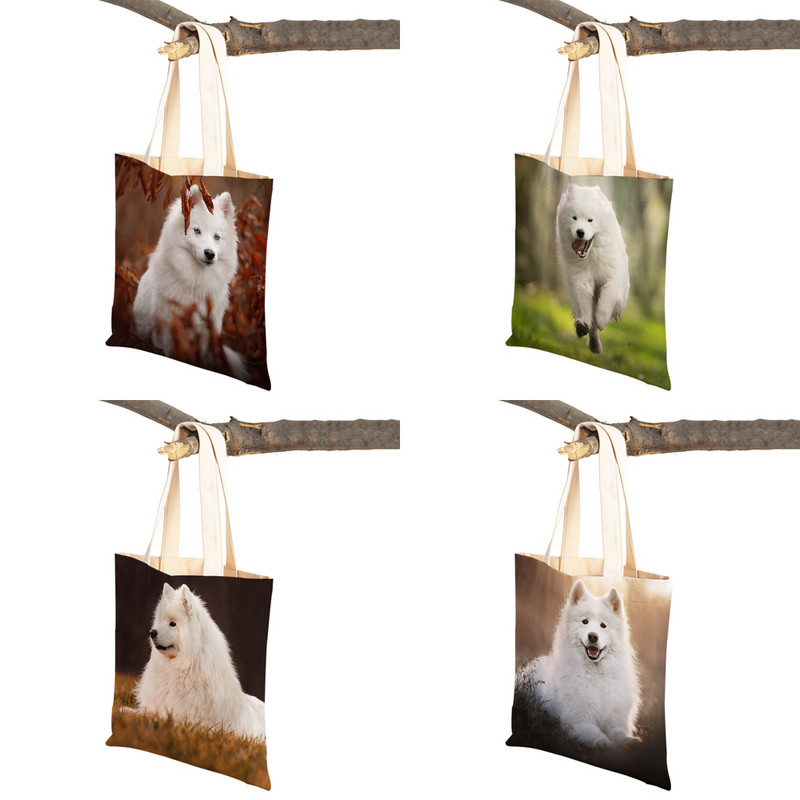 Slatki bijeli pas, samojed, ležerna torba za kupnju, lijepa torbica za višekratnu upotrebu, dvostruka otisnuta životinja, platnena studentska torbica