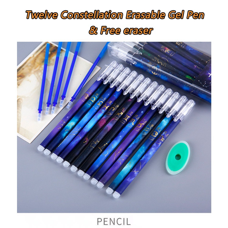12 gab/komplekts Constellation dzēšamie gēla pildspalvas 0,5 mm gēla tinte, melna/zila uzpilde Lodīšu kancelejas preces Skolas rakstīšanas biroja piederumi