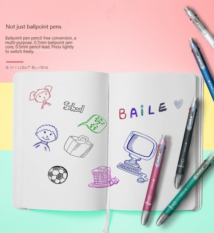 6 u 1 višenamjenska kemijska olovka 0,7 mm, 5 boja i mehanička olovka 0,5 mm u jednoj olovci za školski uredski pribor