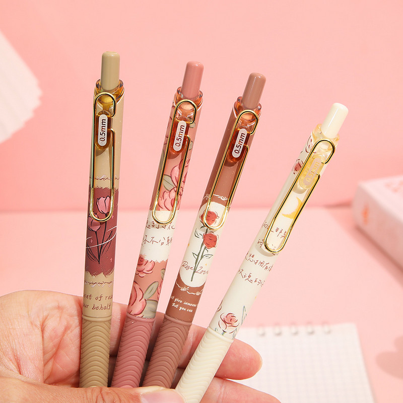 Set gel olovki Rose Poem od 4 komada, retro cvjetni dizajn, 0,5 mm valjak s kugličnom tintom crne boje za pisanje u uredskoj školi F7205