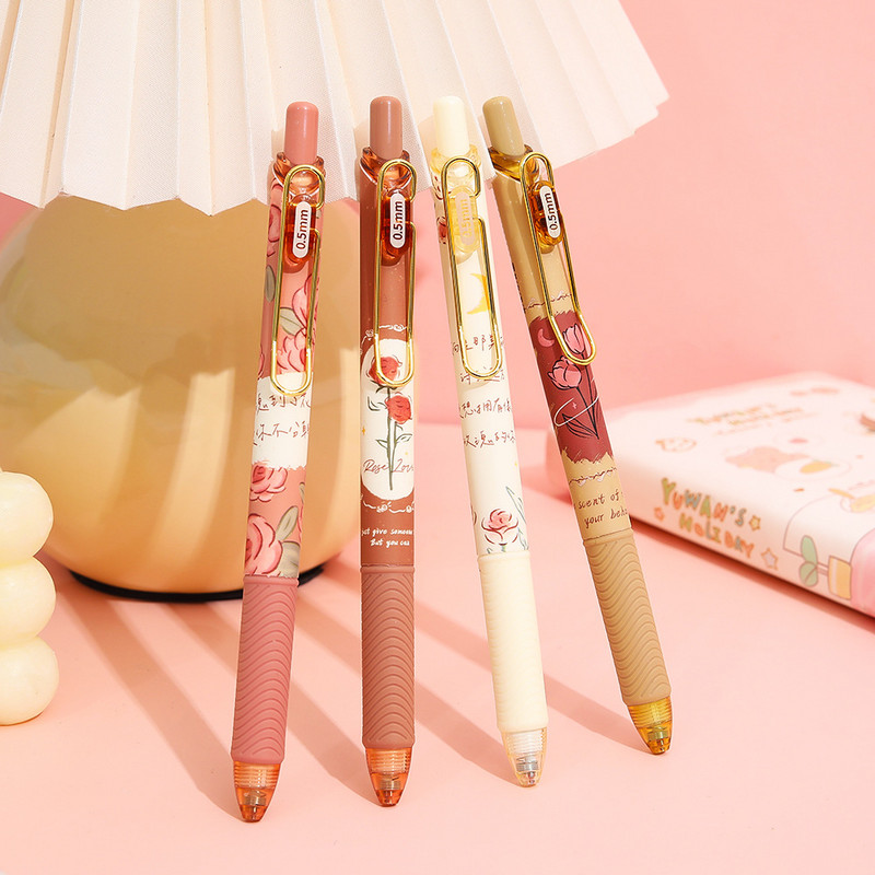 Set gel olovki Rose Poem od 4 komada, retro cvjetni dizajn, 0,5 mm valjak s kugličnom tintom crne boje za pisanje u uredskoj školi F7205