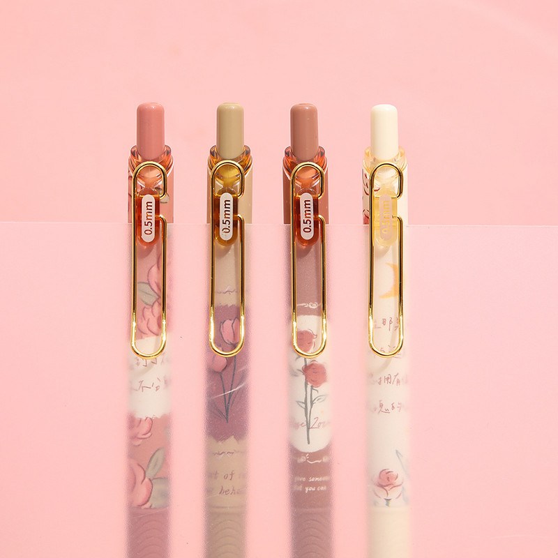 Set gel olovki Rose Poem od 4 komada, retro cvjetni dizajn, 0,5 mm valjak s kugličnom tintom crne boje za pisanje u uredskoj školi F7205