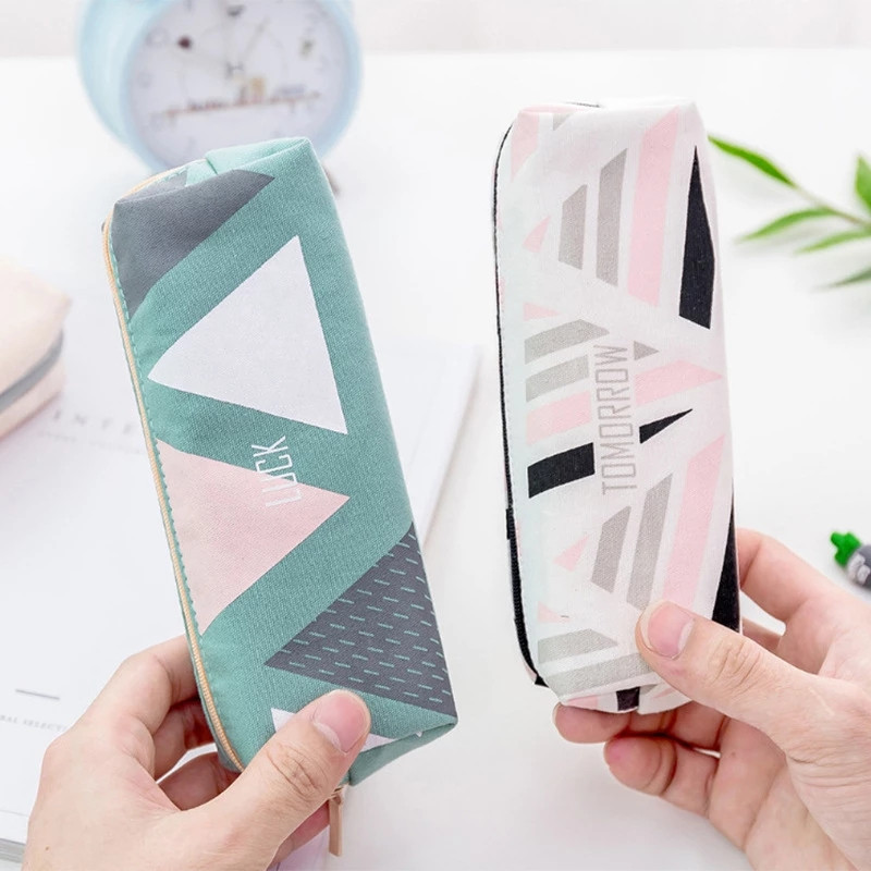 Cutie de creion cu fermoar geometric pentru fete drăguță geantă cosmetică din pânză, pungă pentru pix, cutie de papetărie, cadou pentru copii, rechizite școlare de birou