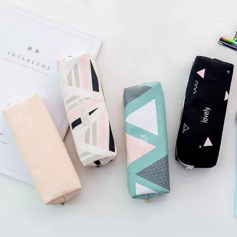 Cutie de creion cu fermoar geometric pentru fete drăguță geantă cosmetică din pânză, pungă pentru pix, cutie de papetărie, cadou pentru copii, rechizite școlare de birou