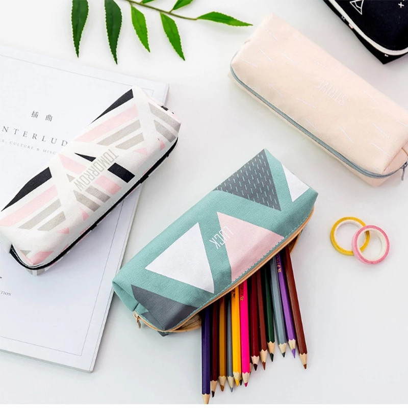 Cutie de creion cu fermoar geometric pentru fete drăguță geantă cosmetică din pânză, pungă pentru pix, cutie de papetărie, cadou pentru copii, rechizite școlare de birou
