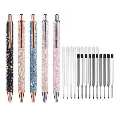 11 τμχ/σετ Glitter Sequin Metal Pen 1,0mm Μπλε Μαύρη Ράβδο Ανταλλακτικής Αναδιπλούμενης Στυλό για Σχολικό Γραφείο Δώρο