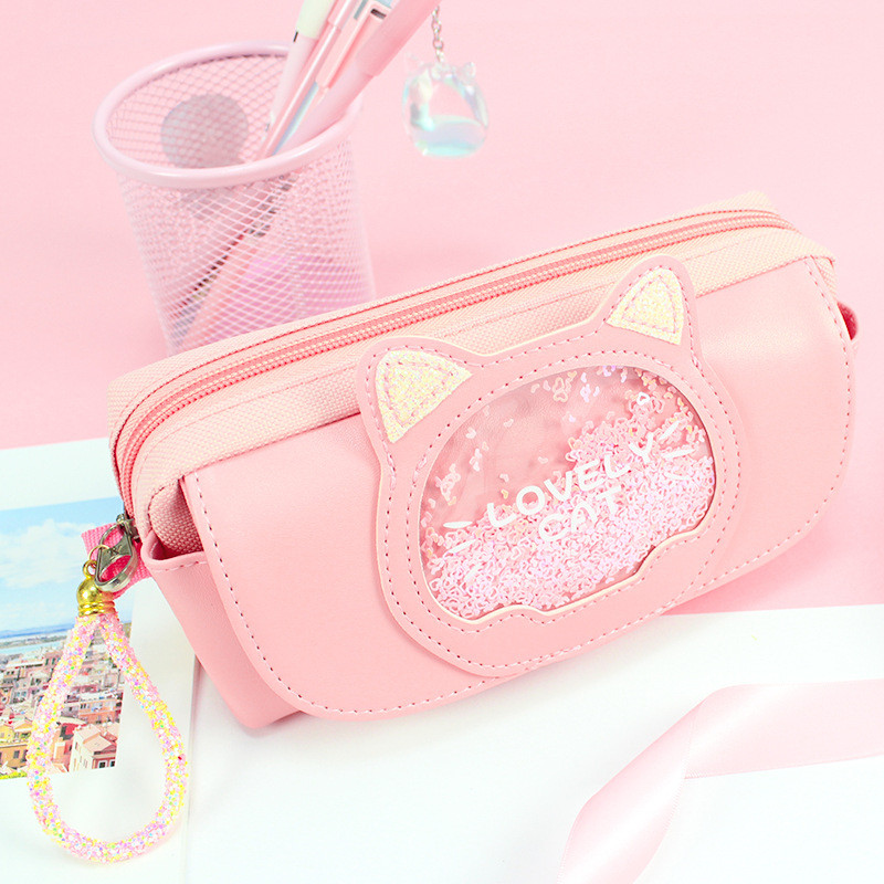 Mielas pieštuko krepšys Quicksand katės pieštukų dėklas mergaitėms Kawaii raštinės reikmenų krepšys trijų sluoksnių didelis rašiklio dėklas mergaičių animacinių filmų pieštukų dėžutė studentams