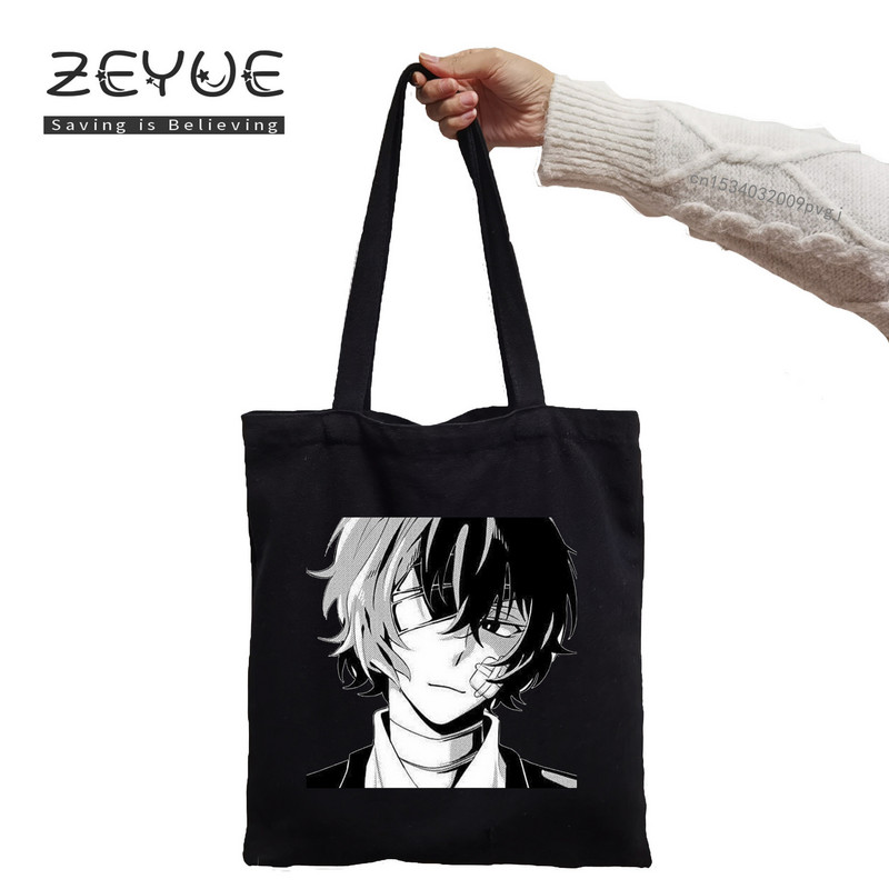 Dazai Japaness Anime Femei Grafică Estetică Amuzant Pânză Neagră Geantă de cumpărături Fată Femeie Bungo Câini fără stăpân Anii 90 Geantă de mână casual