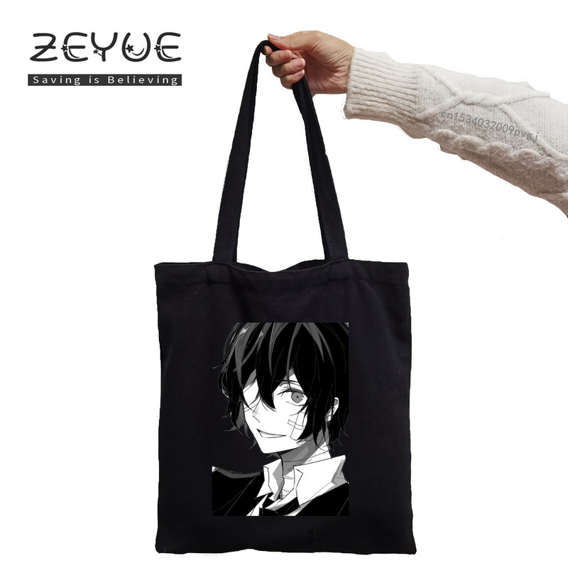 Dazai Japaness Anime Femei Grafică Estetică Amuzant Pânză Neagră Geantă de cumpărături Fată Femeie Bungo Câini fără stăpân Anii 90 Geantă de mână casual