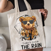 BLINGPAW Geantă tote din pânză 100% bumbac Genți de cumpărături reutilizabile Eco Bolsa Ursuleț I make it through the Rain Citate Imprimare