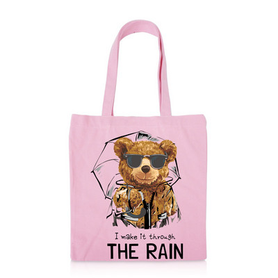 BLINGPAW Geantă tote din pânză 100% bumbac Genți de cumpărături reutilizabile Eco Bolsa Ursuleț I make it through the Rain Citate Imprimare