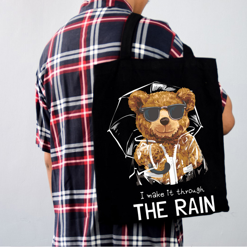 BLINGPAW Geantă tote din pânză 100% bumbac Genți de cumpărături reutilizabile Eco Bolsa Ursuleț I make it through the Rain Citate Imprimare