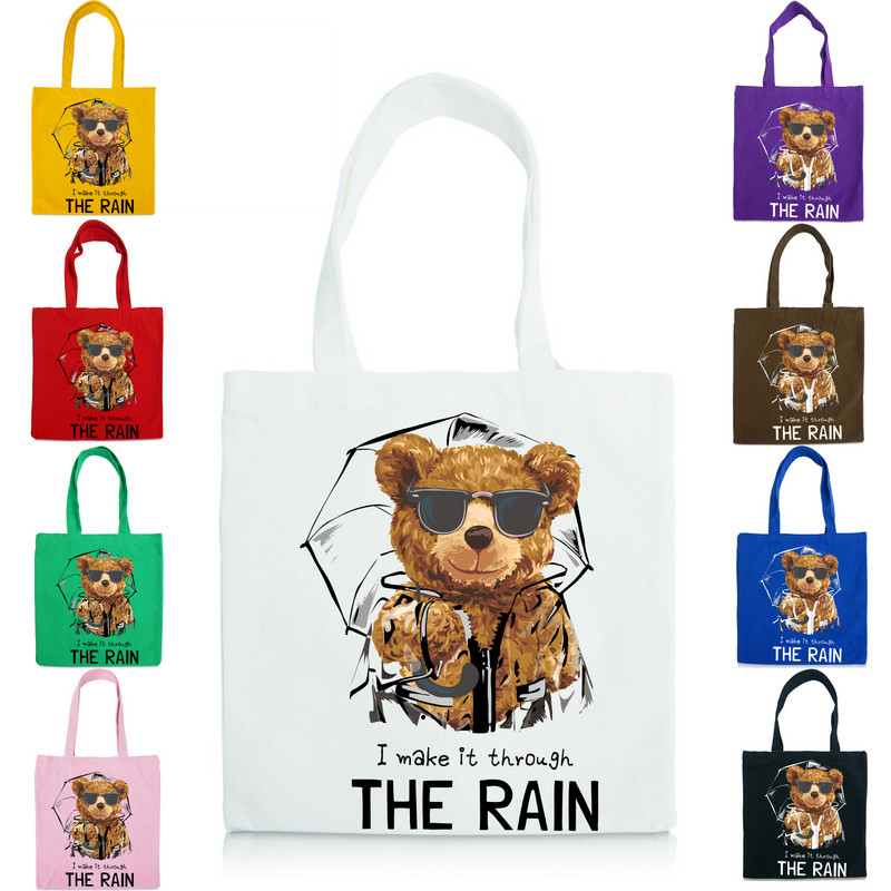 BLINGPAW Geantă tote din pânză 100% bumbac Genți de cumpărături reutilizabile Eco Bolsa Ursuleț I make it through the Rain Citate Imprimare