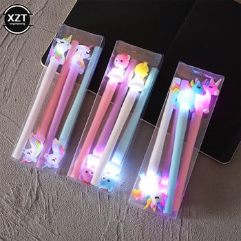 4бр. Гелова писалка Писалка с еднорог с LED светлина Kawai Cute Girl Gel Ink Pen Светеща писалка Ученически канцеларски материали Детски канцеларски материали