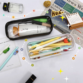 Прозрачен PVC калъф за молив, черен, бял, голям капацитет, цип, чанта за молив, чанта за съхранение на канцеларски материали, ученически принадлежности за училище