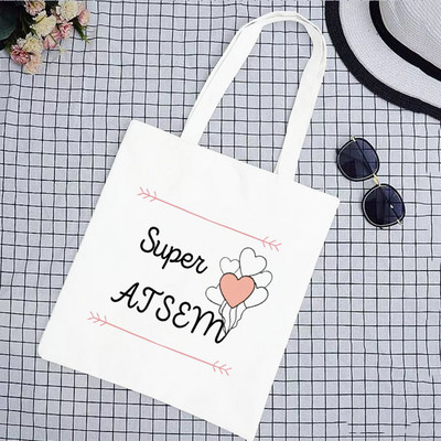 Super Merci Atsem Print Geantă de cumpărături pentru femei Geantă tote din pânză Genți de mână de călătorie în aer liber Geanta de depozitare eco reutilizabilă Cadouri pentru profesori