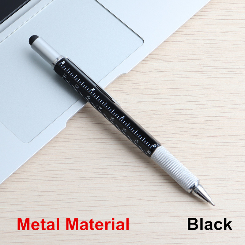 Instrument de stilou multifuncțional complet din metal, pix cu bilă, șurubelniță, riglă, nivel cu spirit, cu o scară superioară, pixuri multifuncționale pentru școală