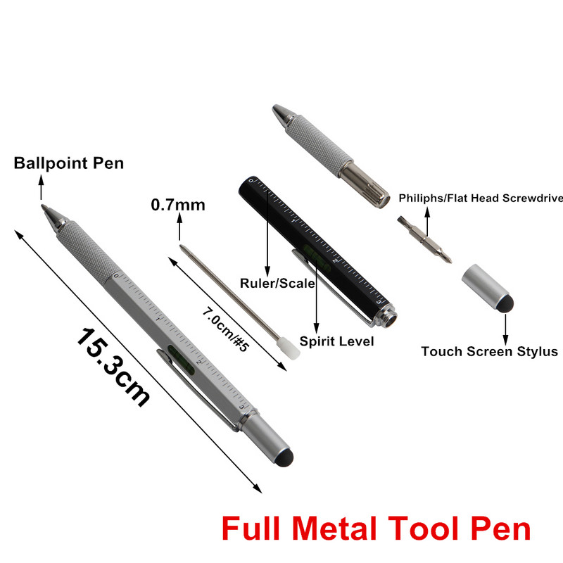 Instrument de stilou multifuncțional complet din metal, pix cu bilă, șurubelniță, riglă, nivel cu spirit, cu o scară superioară, pixuri multifuncționale pentru școală
