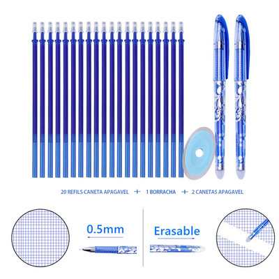 Set de stilouri șters 2 piese stilou + 20 de rezerve + 1 gumă de șters albastru negru Cerneală de culoare neagră Pixuri gel de scris Rechizite de papetărie de birou și școală