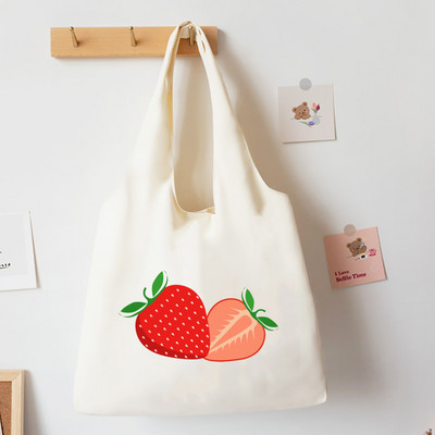Japonská jahodová taška v štýle tote pre dievčatá, plátené tašky cez rameno, Harajuku cestovná kabelka, broskyňová potlač, knižná taška, ekologické nákupné tašky