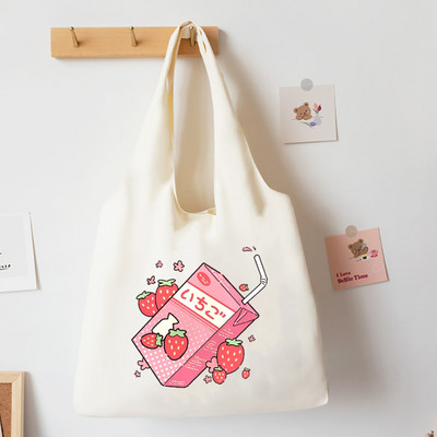 Japonská jahodová taška v štýle tote pre dievčatá, plátené tašky cez rameno, Harajuku cestovná kabelka, broskyňová potlač, knižná taška, ekologické nákupné tašky
