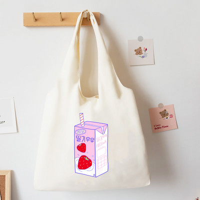 Japonská jahodová taška v štýle tote pre dievčatá, plátené tašky cez rameno, Harajuku cestovná kabelka, broskyňová potlač, knižná taška, ekologické nákupné tašky