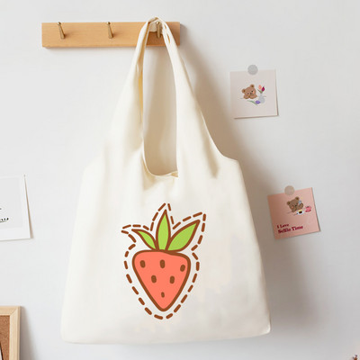 Japonská jahodová taška v štýle tote pre dievčatá, plátené tašky cez rameno, Harajuku cestovná kabelka, broskyňová potlač, knižná taška, ekologické nákupné tašky