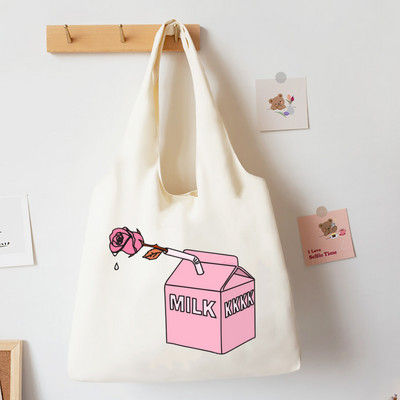 Japonská jahodová taška v štýle tote pre dievčatá, plátené tašky cez rameno, Harajuku cestovná kabelka, broskyňová potlač, knižná taška, ekologické nákupné tašky