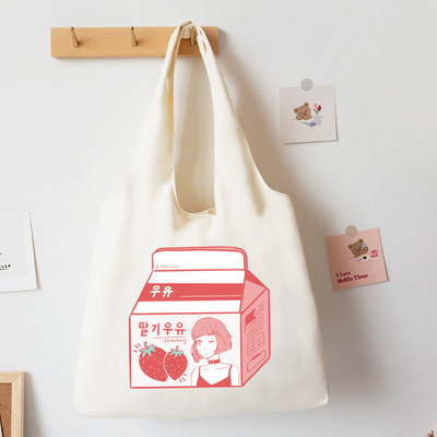 Japonská jahodová taška v štýle tote pre dievčatá, plátené tašky cez rameno, Harajuku cestovná kabelka, broskyňová potlač, knižná taška, ekologické nákupné tašky
