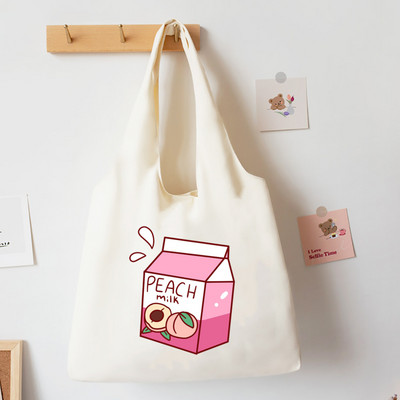 Japonská jahodová taška v štýle tote pre dievčatá, plátené tašky cez rameno, Harajuku cestovná kabelka, broskyňová potlač, knižná taška, ekologické nákupné tašky