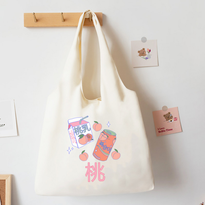 Japonská jahodová taška v štýle tote pre dievčatá, plátené tašky cez rameno, Harajuku cestovná kabelka, broskyňová potlač, knižná taška, ekologické nákupné tašky