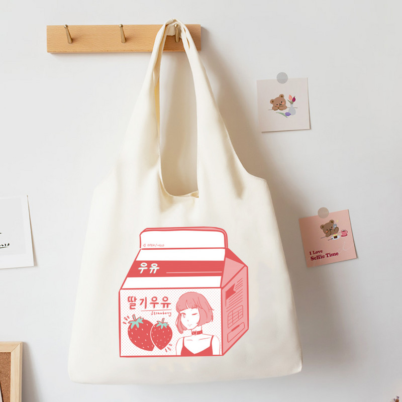Japonská jahodová taška v štýle tote pre dievčatá, plátené tašky cez rameno, Harajuku cestovná kabelka, broskyňová potlač, knižná taška, ekologické nákupné tašky