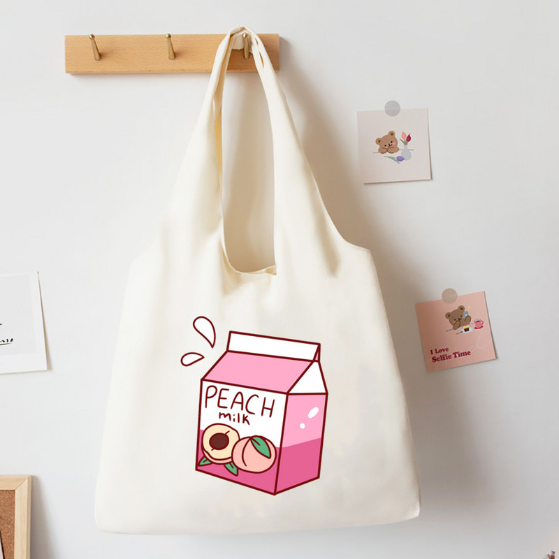 Japonská jahodová taška v štýle tote pre dievčatá, plátené tašky cez rameno, Harajuku cestovná kabelka, broskyňová potlač, knižná taška, ekologické nákupné tašky
