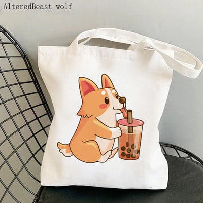 Γυναικεία τσάντα αγορών Cute Corgi Boba τυπωμένη τσάντα Kawaii Harajuku Shopping Canvas Canvas Shopper Girl Τσάντα Tote Shoulder Lady Bag