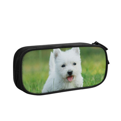 Cutie pentru creion West Highland White Terrier și fundă personalizată Kawaii pentru băieți, cutie de creion pentru câine Westie, de mare capacitate, școală pentru elevi