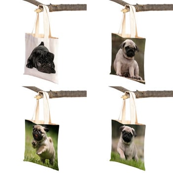 Τσάντα ώμου Casual Pug Dog Shopping για γυναίκες Ζώο κατοικίδιων ζώων Πτυσσόμενη επαναχρησιμοποιούμενη μόδα Lady Canvas Travel Tote Τσάντα