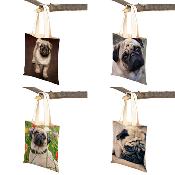 Τσάντα ώμου Casual Pug Dog Shopping για γυναίκες Ζώο κατοικίδιων ζώων Πτυσσόμενη επαναχρησιμοποιούμενη μόδα Lady Canvas Travel Tote Τσάντα