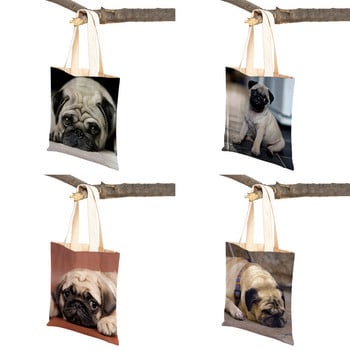 Τσάντα ώμου Casual Pug Dog Shopping για γυναίκες Ζώο κατοικίδιων ζώων Πτυσσόμενη επαναχρησιμοποιούμενη μόδα Lady Canvas Travel Tote Τσάντα