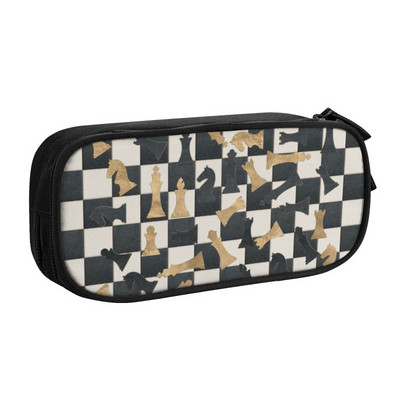 Mielos šachmatų figūrėlės raštinės odos auksinės tekstūros pieštukų dėklas mergaitei berniukui, didelės talpos šachmatų lentos pieštukų dėžutė mokykliniai reikmenys