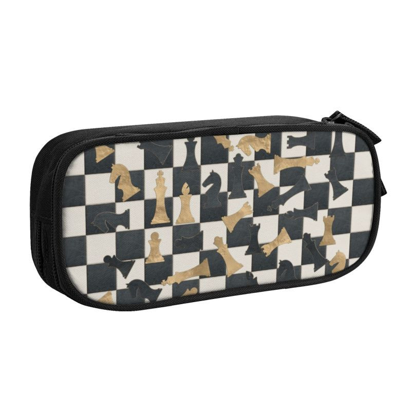 Mielos šachmatų figūrėlės raštinės odos auksinės tekstūros pieštukų dėklas mergaitei berniukui, didelės talpos šachmatų lentos pieštukų dėžutė mokykliniai reikmenys